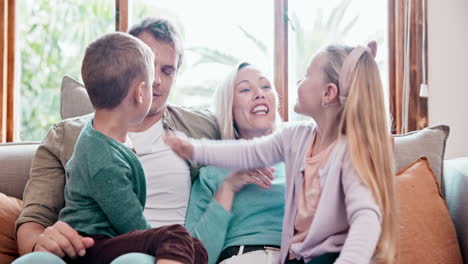 happy, talking and children with parents on a sofa