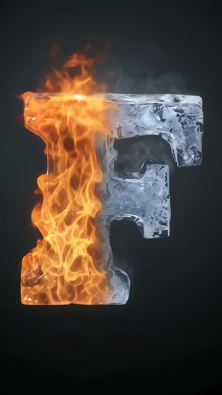 Vertical video: Igniting 3D letter F showing fire dancing on ice in void, revealing heat exchange
