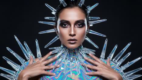 a striking portrait of a model adorned in iridescent attire, featuring sharp, transparent spikes and dramatic makeup, evoking a sense of futuristic elegance and artistic flair