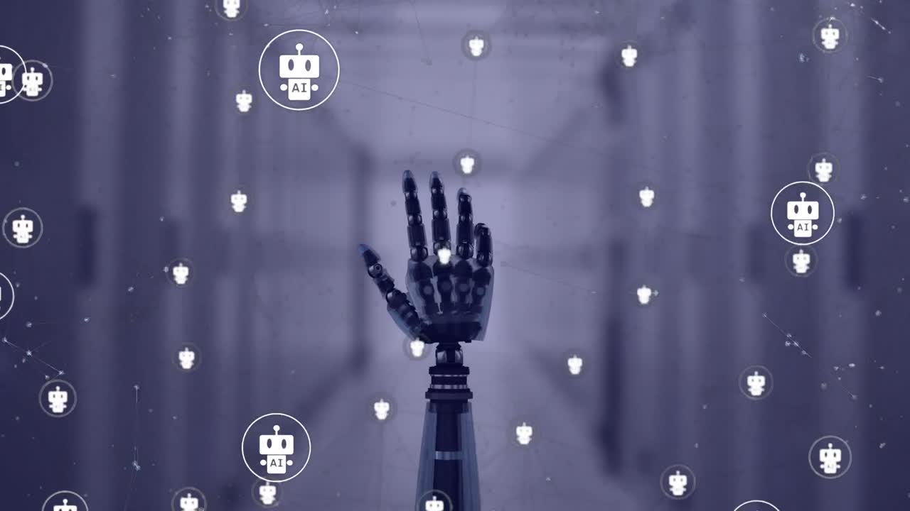 Animation of ai data processing over robot's arm and dark background