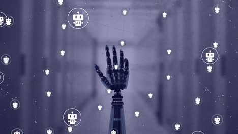 Animation of ai data processing over robot&#039;s arm and dark background