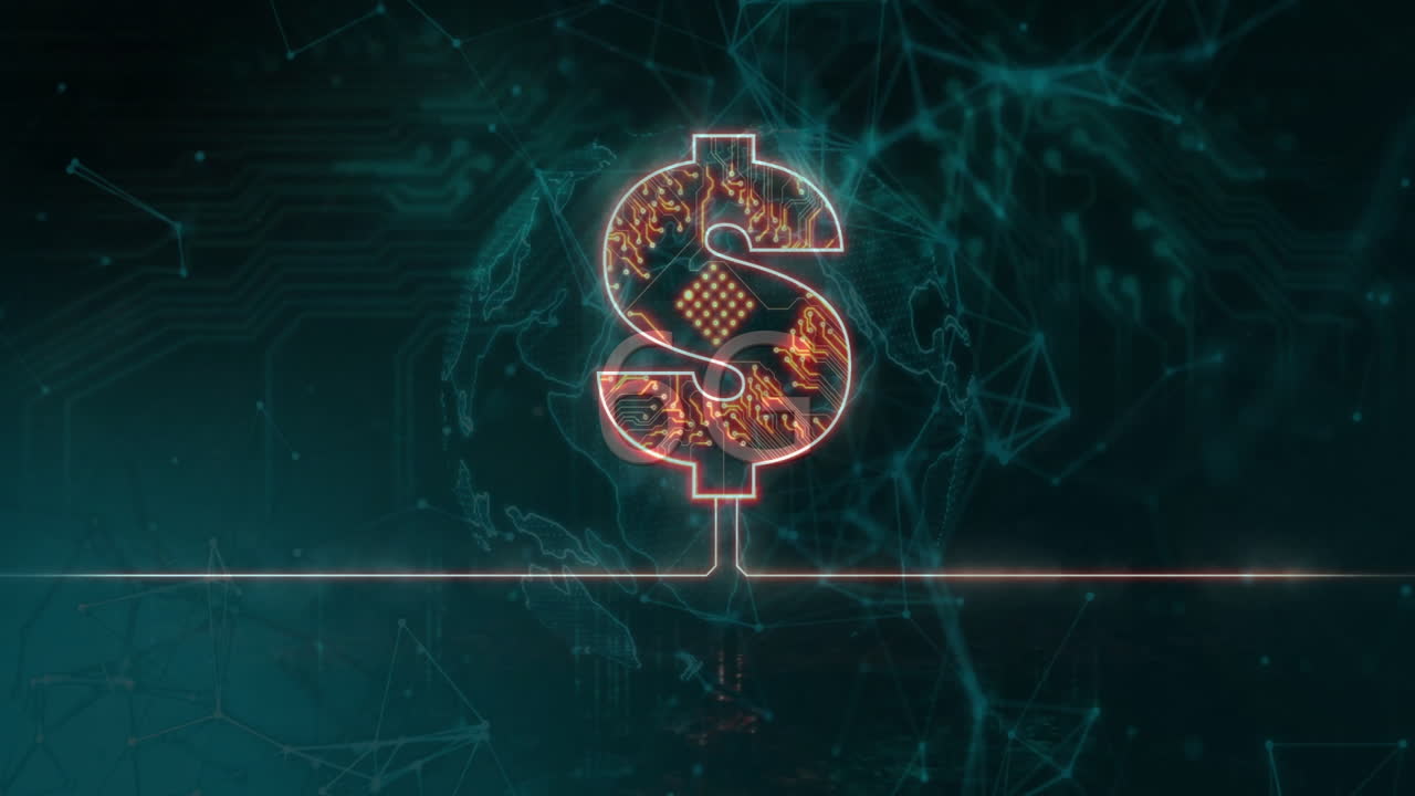 Animation of digital dollar sign with circuit patterns over network connections