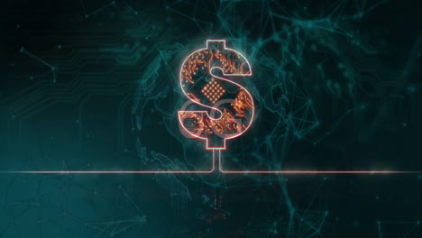 animation of digital dollar sign with circuit patterns over network connections