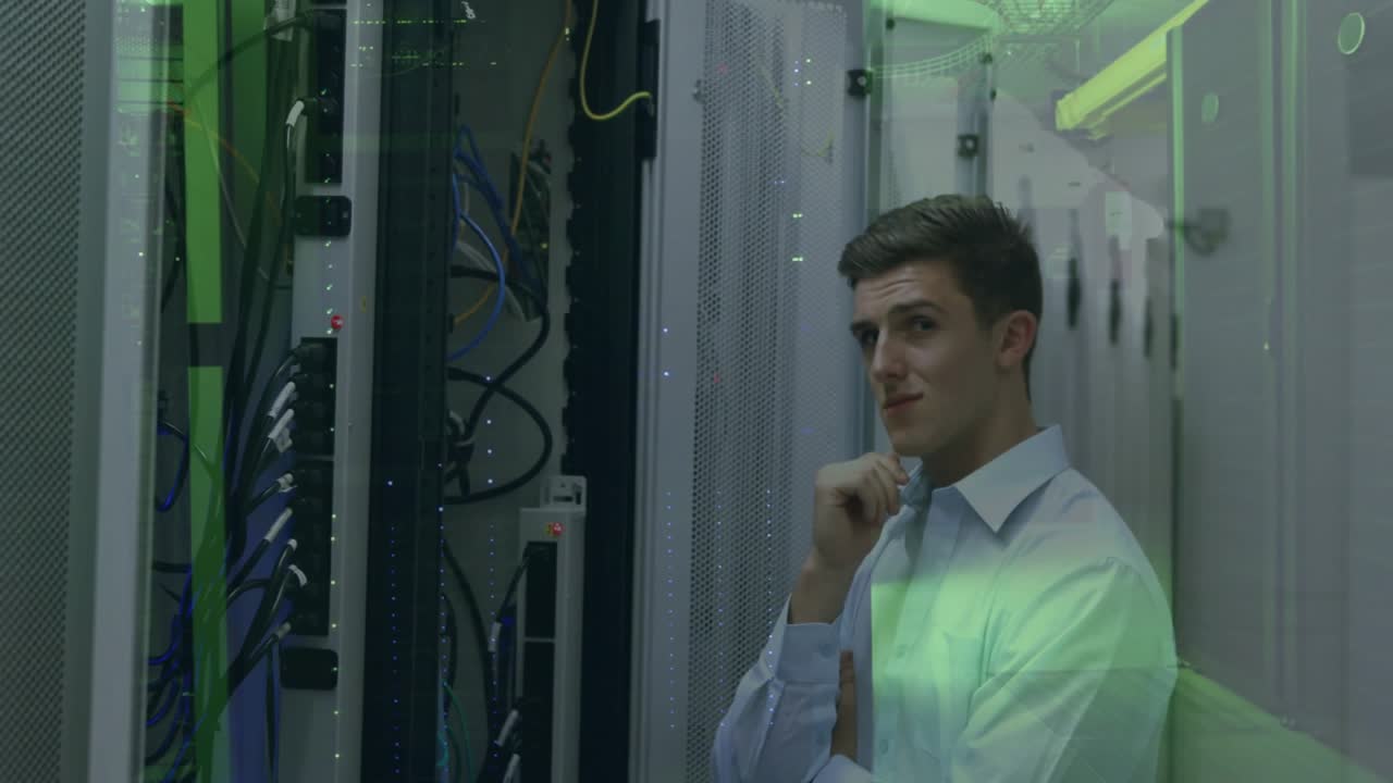 Leaning forward scanning blinking LEDs on server racks, network engineer resolving hardware fault
