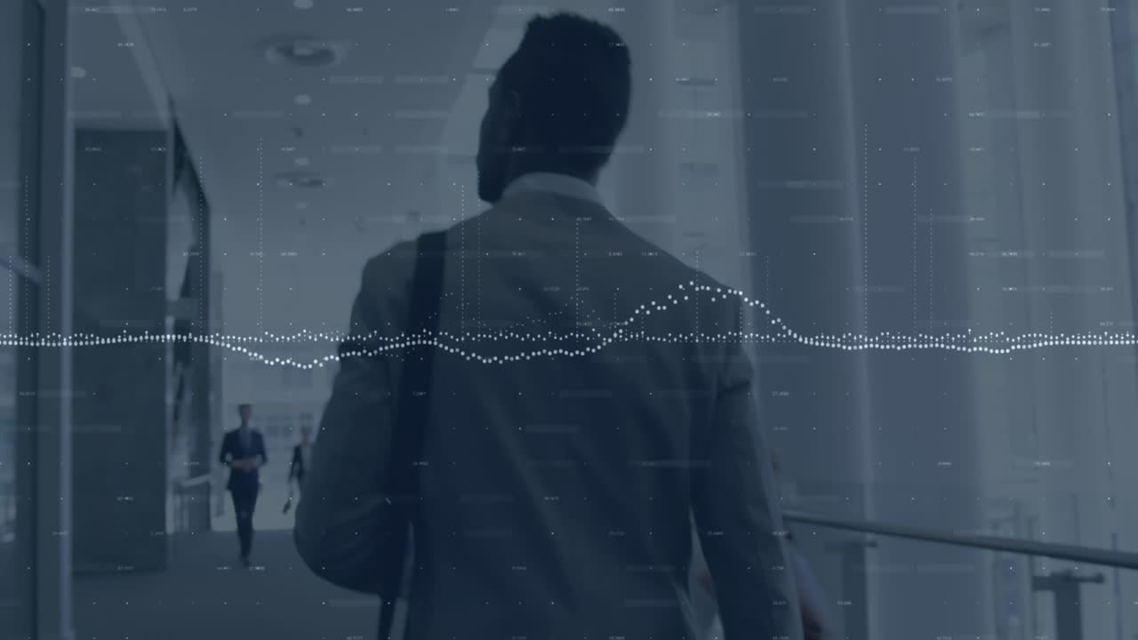 Animation of financial data processing over businessman