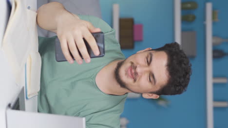 vertical video of student talking about lesson on the phone.