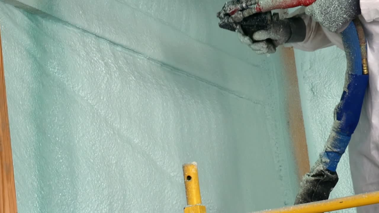 manos de un hombre con traje de tyvek desechable está rociando una segunda capa de aislamiento de espuma de celda cerrada en una pared exterior de una nueva construcción