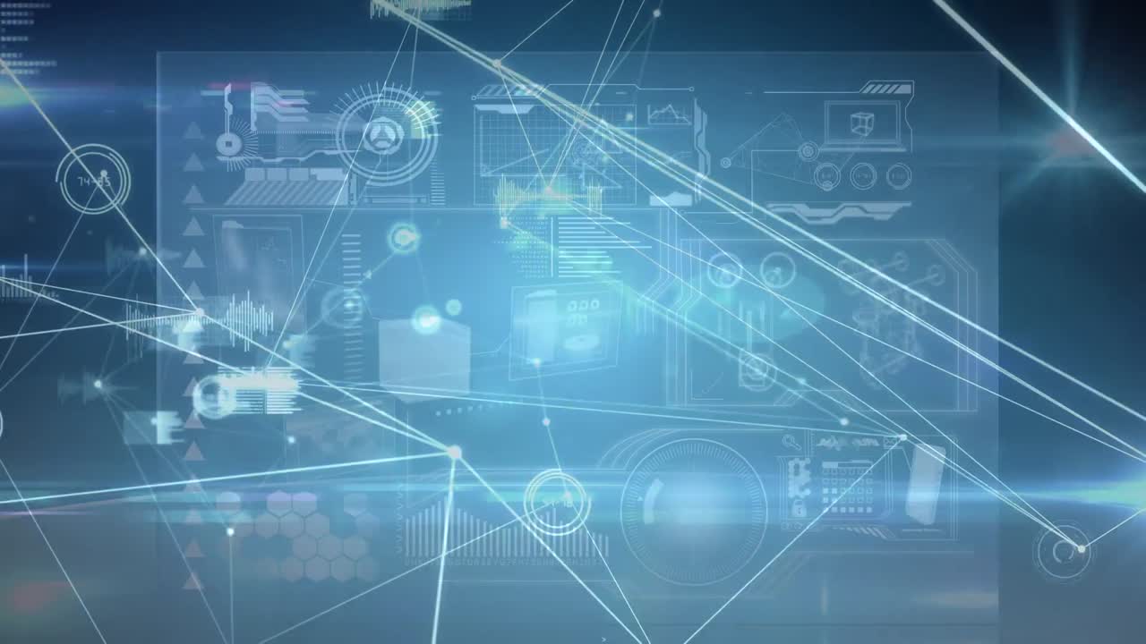 파란색 디지털 화면에 연결과 다양한 데이터의 애니메이션