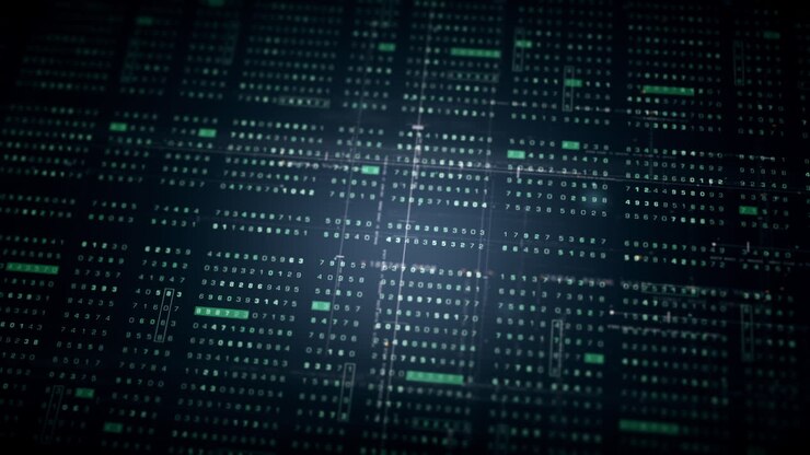 Advanced data matrix simulation UI with cutting-edge digital environment with a dynamic and immersive display of interconnected data matrix information networks systems background