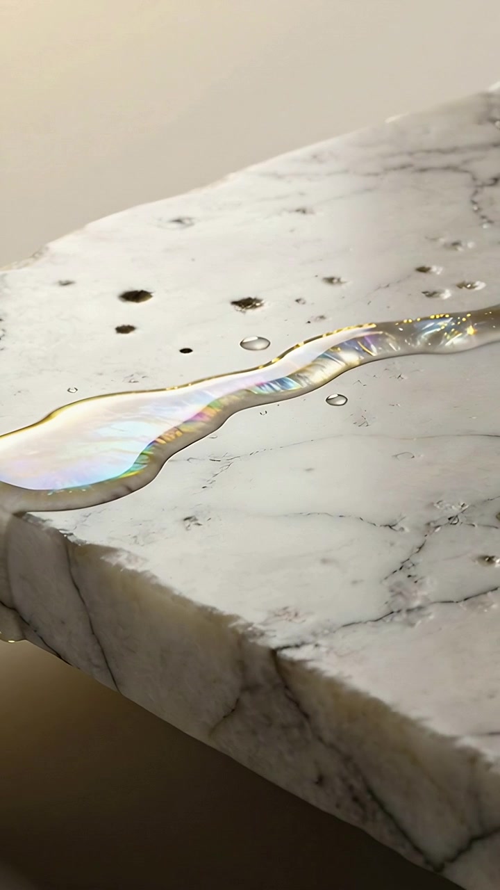 Vertical video: Shifting iridescent film rippling on marble slab under warm light droplets moving