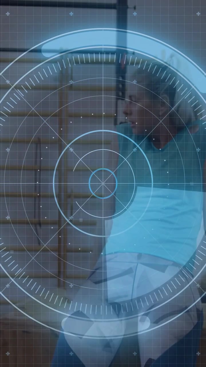 Vertical video: Woman tapping phone, fixing belt, turning right, HUD staying centered for tech demo