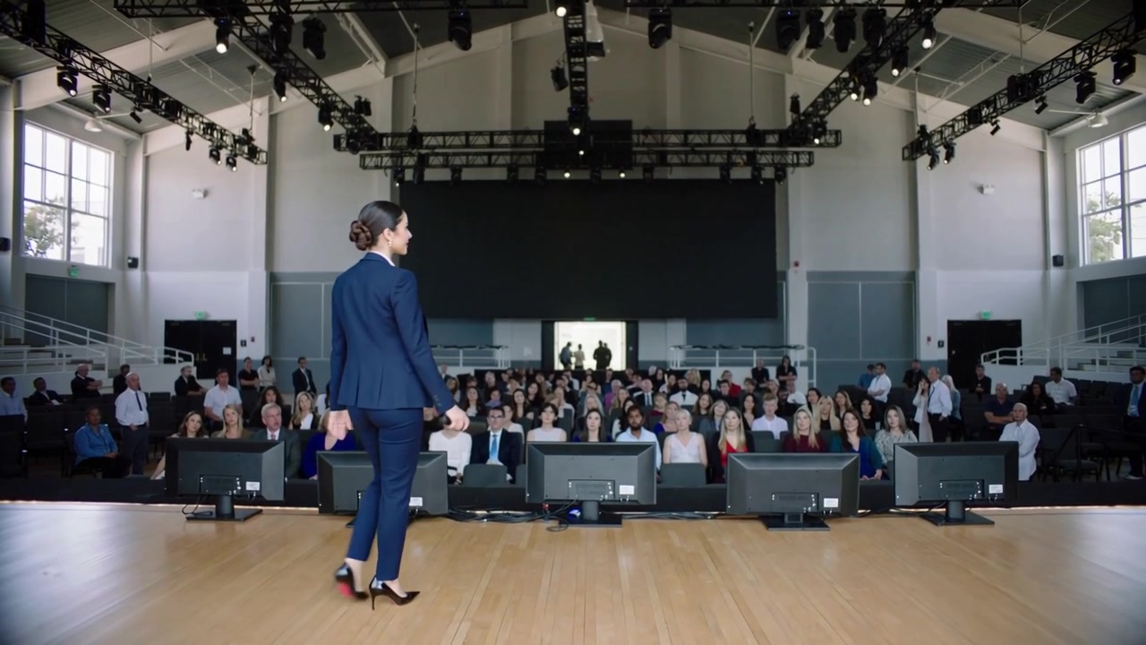 Presentatrice che entra e attraversa il palco di una conferenza in tailleur blu navy, tenendo un microfono, preparandosi.