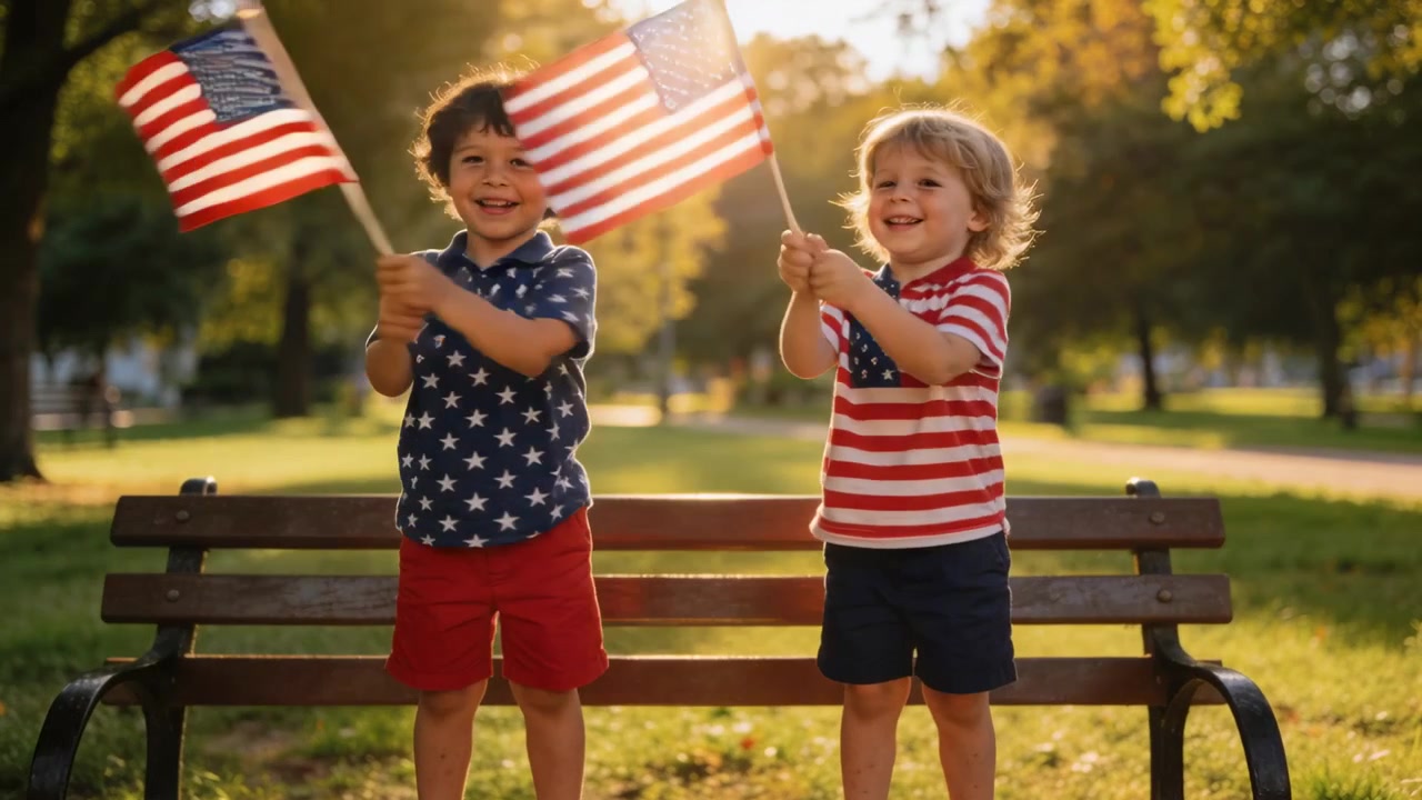 Waving two boys wearing star, striped tees moving United States flags from play on park bench