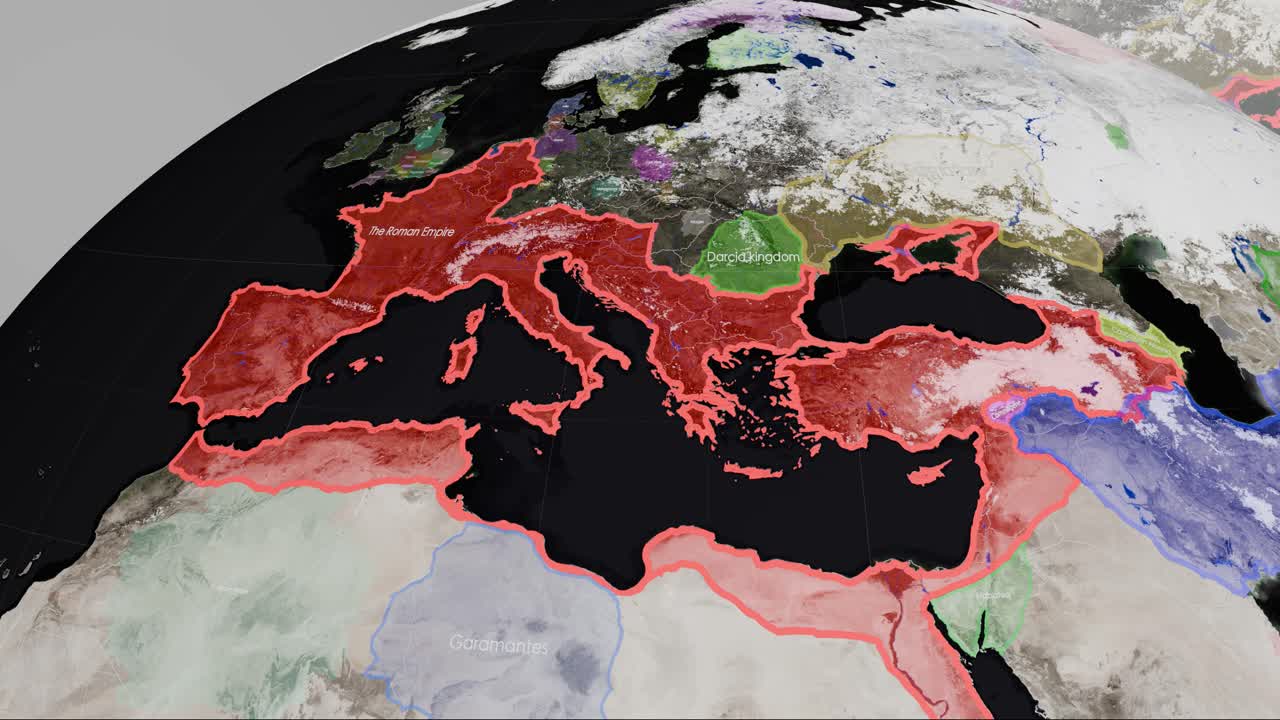 Primo piano di una visualizzazione digitale 3D di una mappa che evidenzia la vasta estensione territoriale dell'Impero Romano attraverso il Mediterraneo e l'Europa