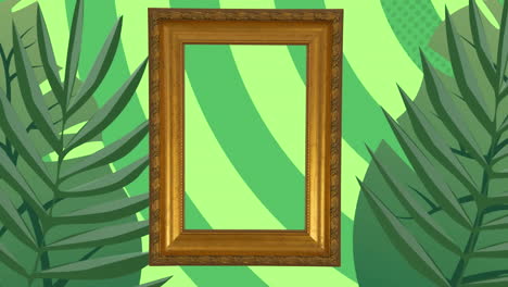 animación de marco de imagen vacío con hojas y árboles en fondo verde a rayas