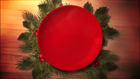 Animated-close-up-Christmas-green-tree-branches-and-plate-for-candy