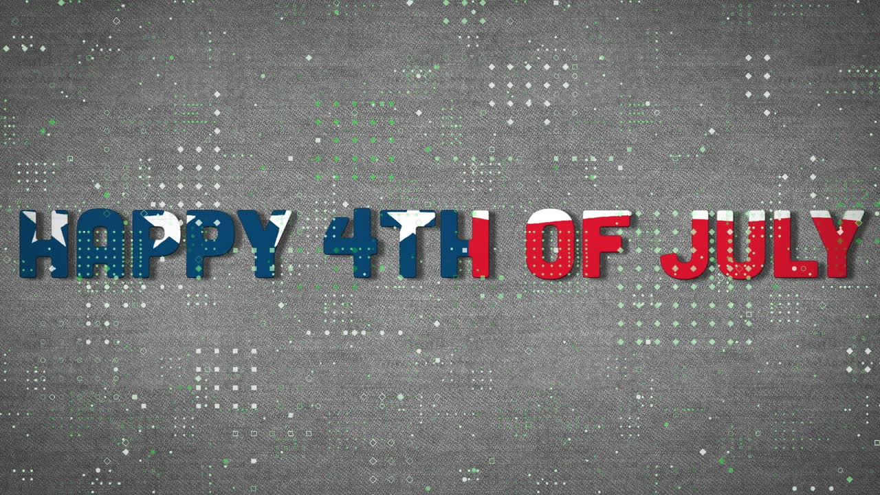 Motivo a puntini e design a bandiera americana sul testo "Felice 4 luglio" su sfondo grigio.