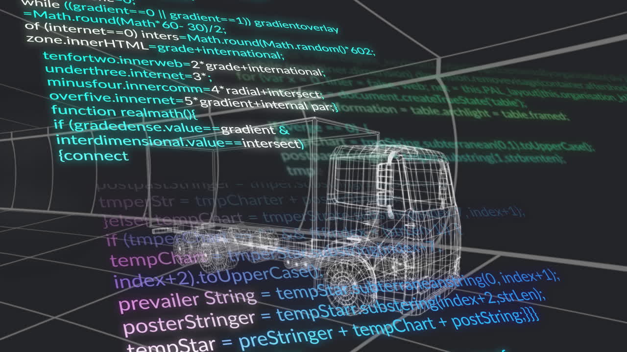 3D wireframe fragtbil svæver over et perspektivgitter, viser kodeoverlejringer i CAD-grænseflade