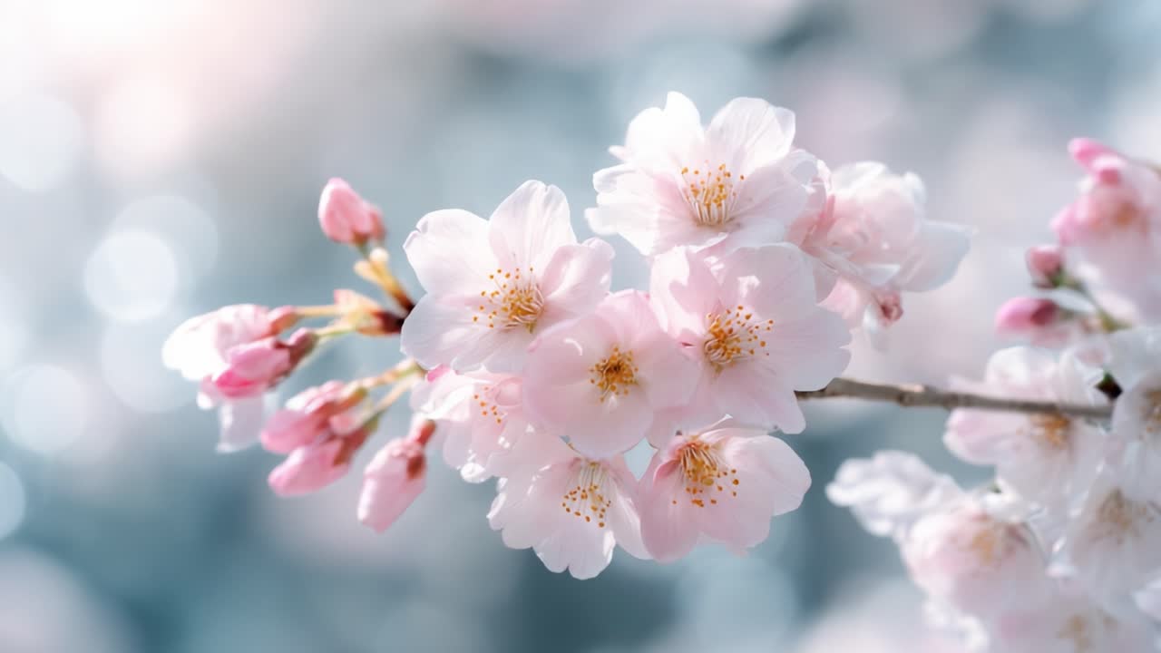 A Stunning Display of Cherry Blossom Flowers in Soft Focus Highlighting the Delicate Pink Petals and Buds Against a Vividly Blurred Background