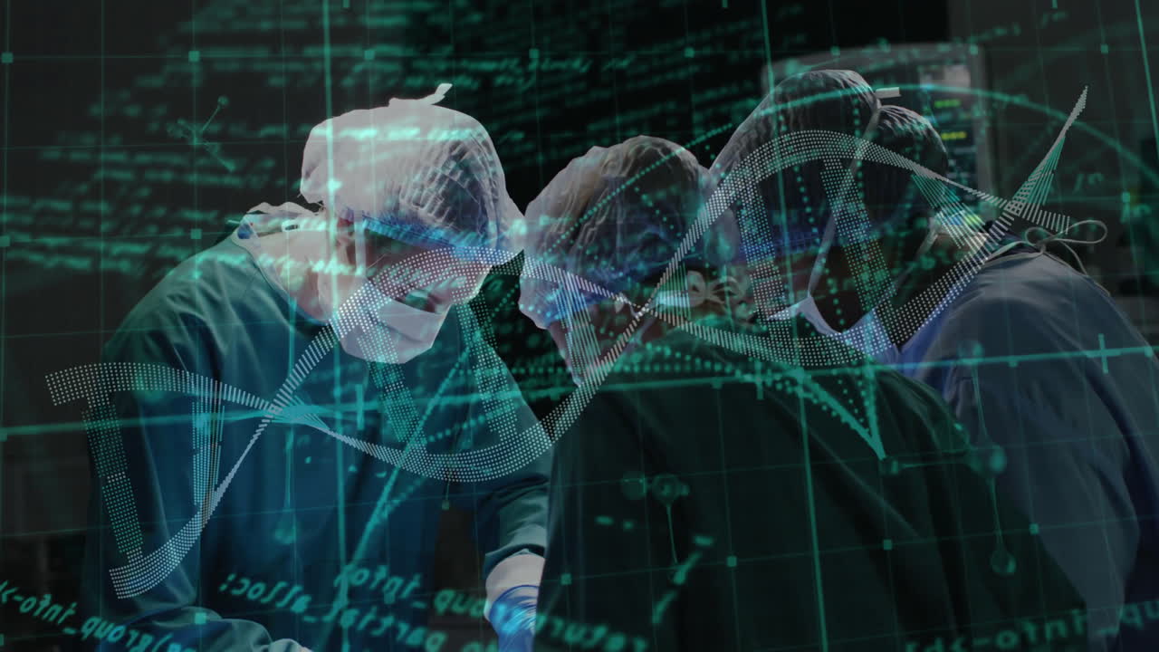 Surgeons performing operation with digital DNA and data overlay animation