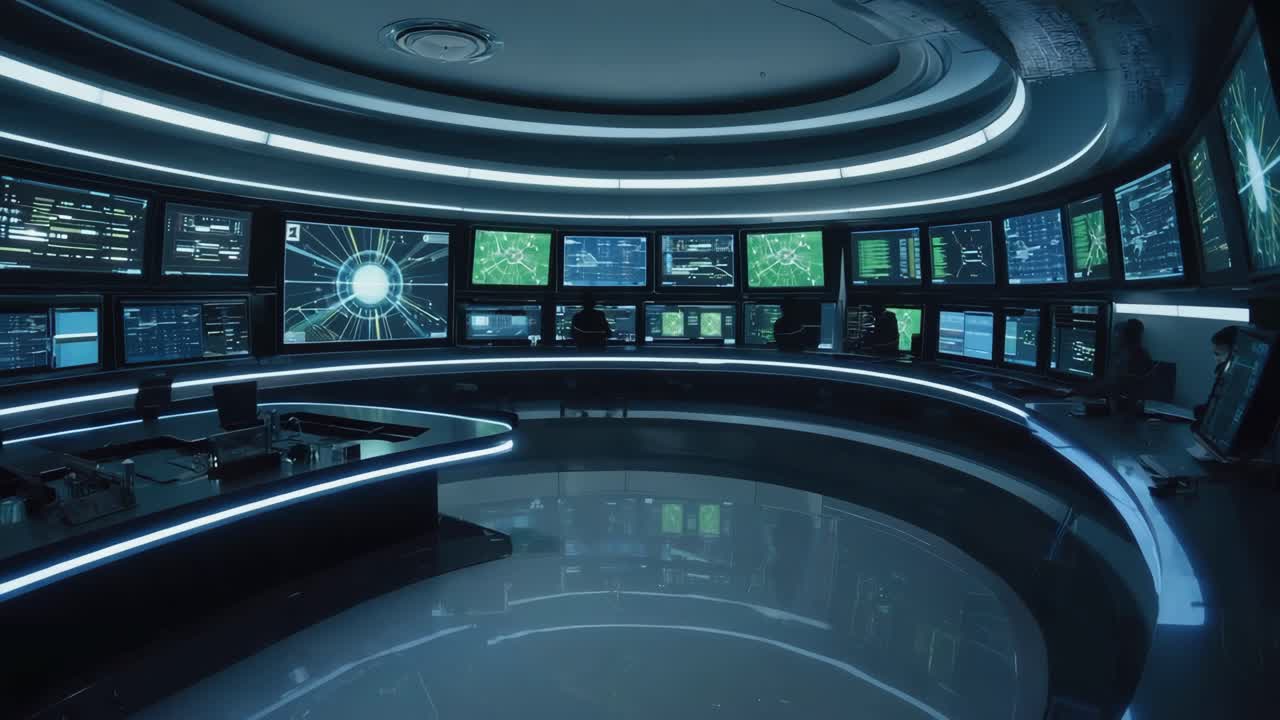 Futuristic Control Room with Multiple Digital Displays
