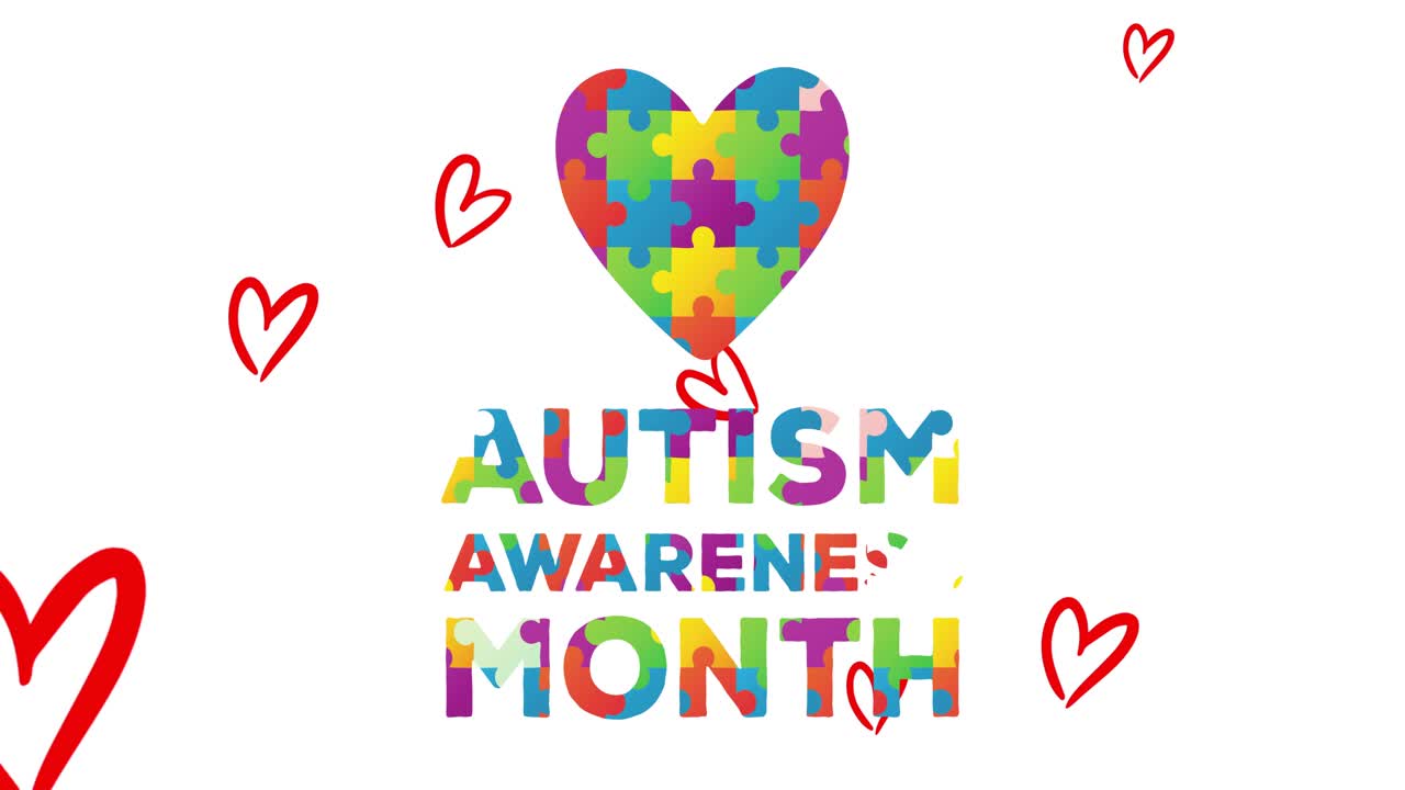 Tessere di puzzle che appaiono formando lettere a cuore, componendo 'MESE DELLA CONSAPEVOLEZZA SULL'AUTISMO', a supporto.