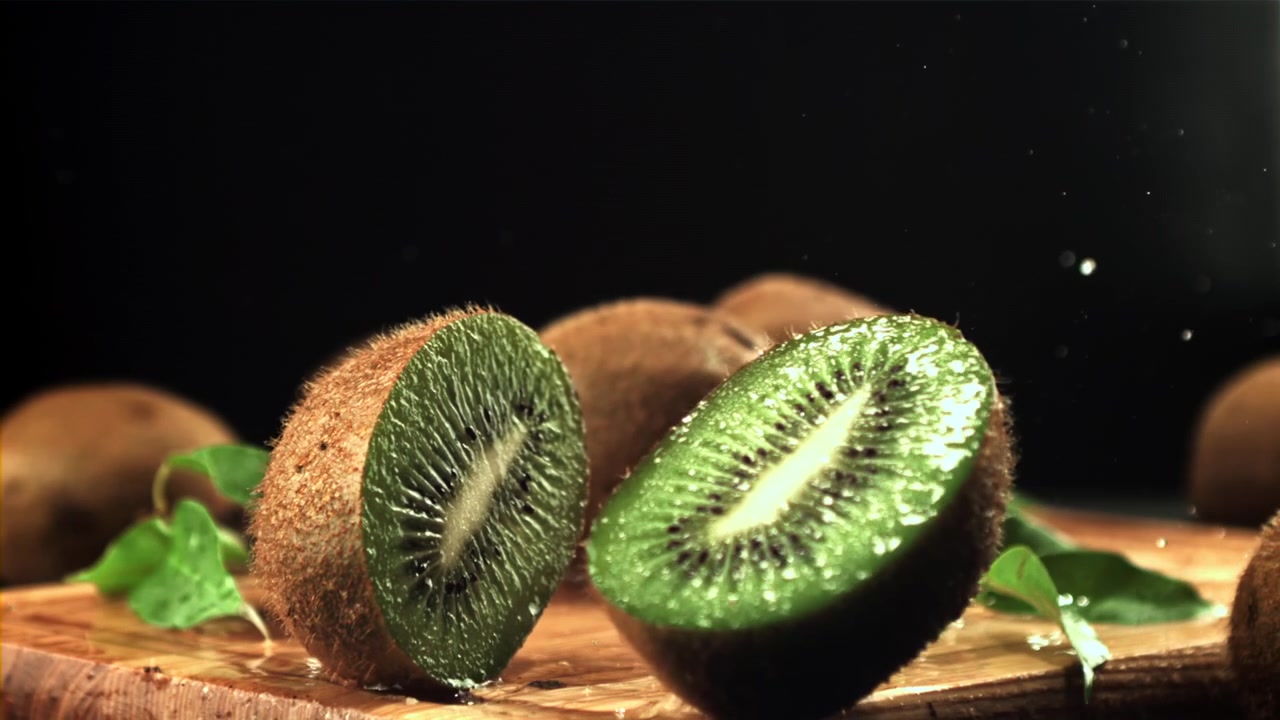 Kiwi fresco tagliato a metà con acqua che schizza al rallentatore.
