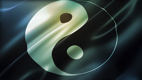 yin and yang flag, tai chi symbol on black background, high-angle, elegant silky texture, movie-like look and feel, realistic 4k cg animation, sleek, slow-motion fluttering, seamless loop-able