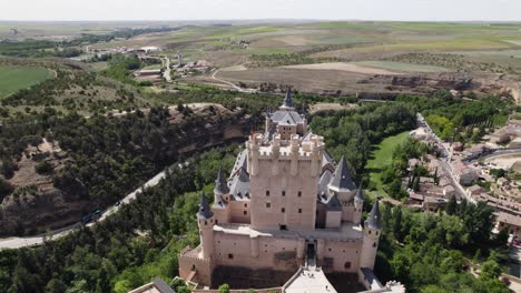 aerial orbit: segovia's iconic alcázar castle, panoramic views, spain