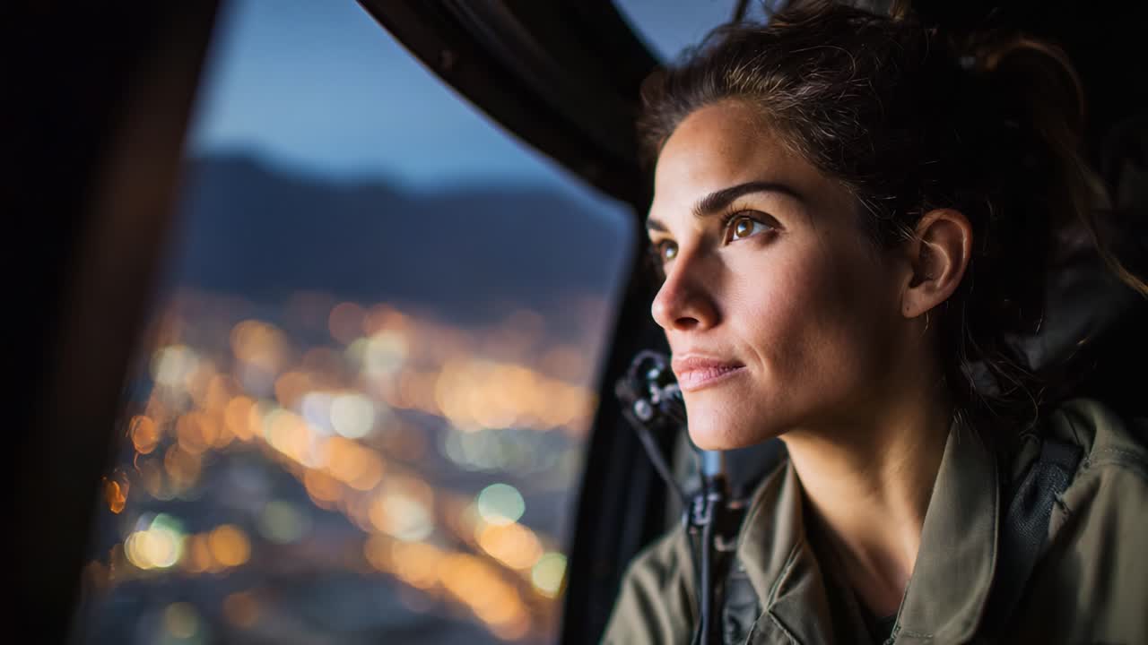 Un momento di riflessione catturato nella cabina di pilotaggio di un aereo, che mostra una donna immersa nei suoi pensieri mentre le luci della città brillano sullo sfondo durante un volo notturno