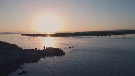 Drone-flying-sidewards-in-a-beach-at-sunrise-while-birds-take-flight