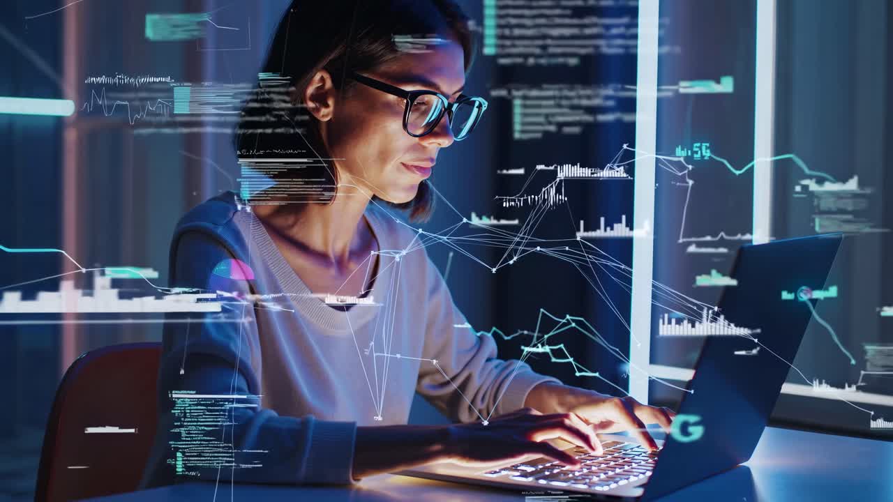 A focused woman works on a laptop with data graphics overlay