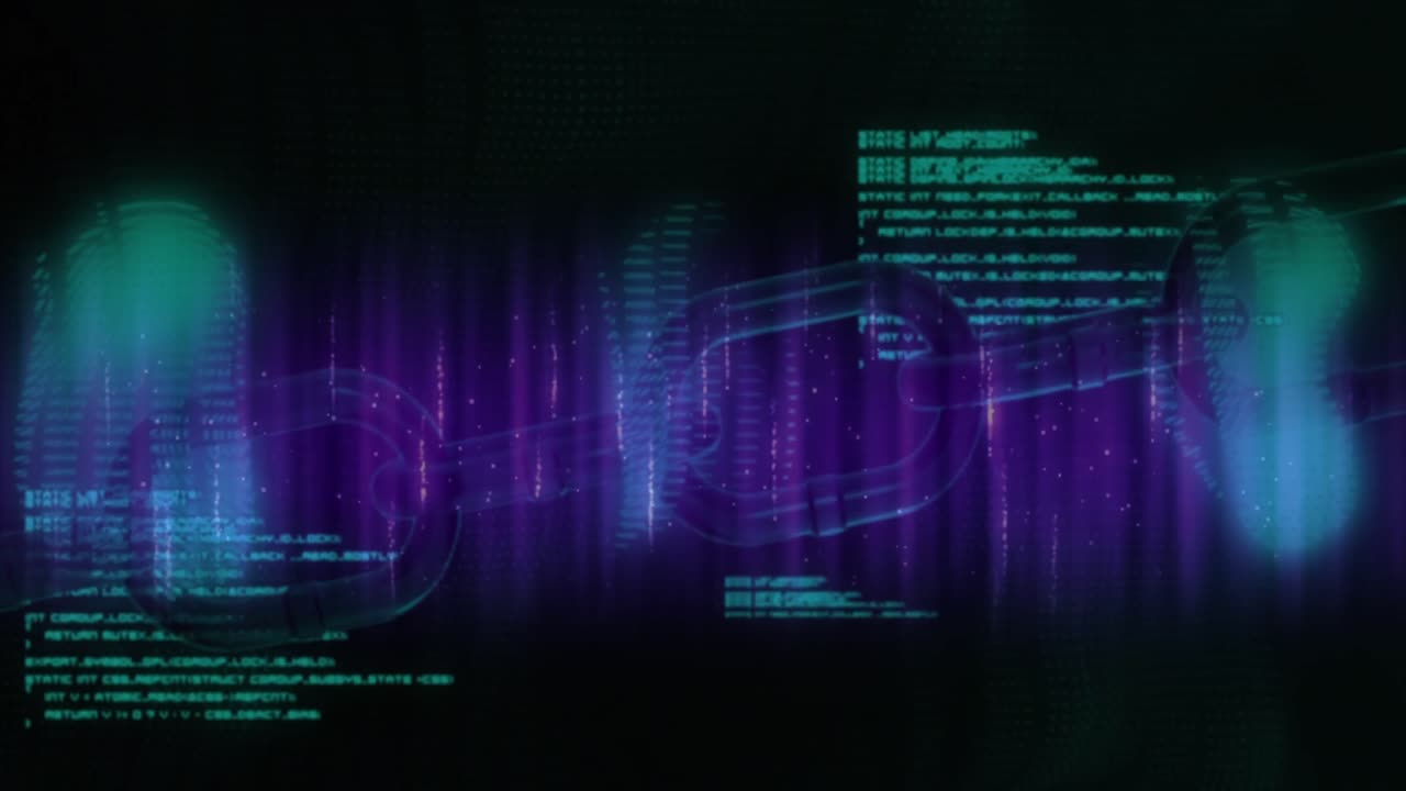 Animation of block chain and computer language over dynamic waves against black background