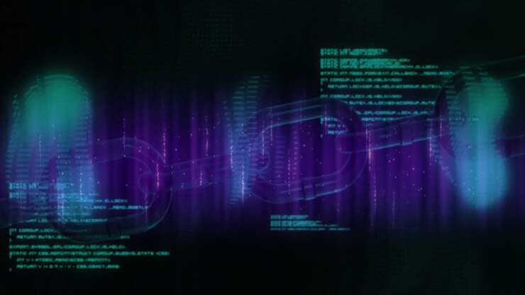 Animation von Blockchain und Computersprache über dynamischen Wellen vor schwarzem Hintergrund