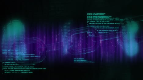 Animation-of-block-chain-and-computer-language-over-dynamic-waves-against-black-background