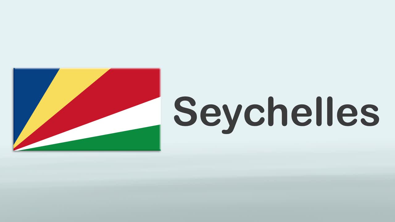 introducción promocional de presentación 3d en fondo blanco con una cinta colorida de la bandera y el país de seychelles