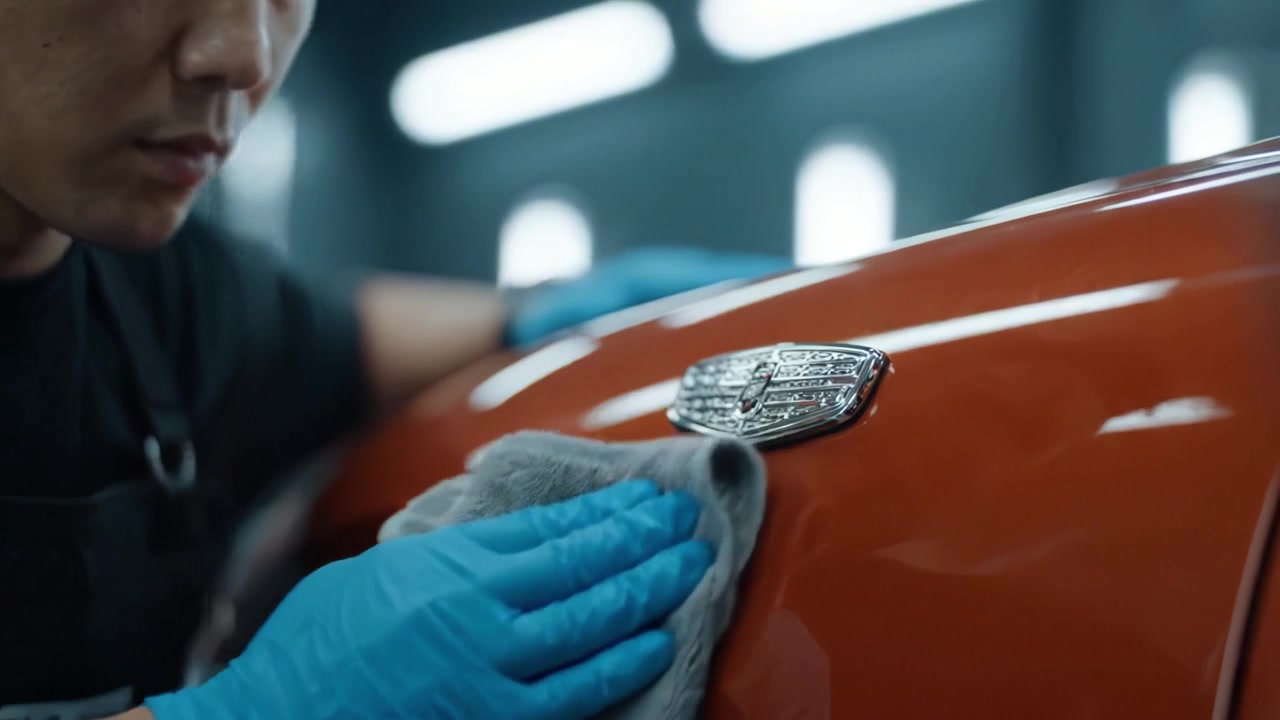 Detailed car detailing process featuring a person carefully polishing and cleaning a vibrant orange vehicle emblem, enhancing its shine and overall appearance.