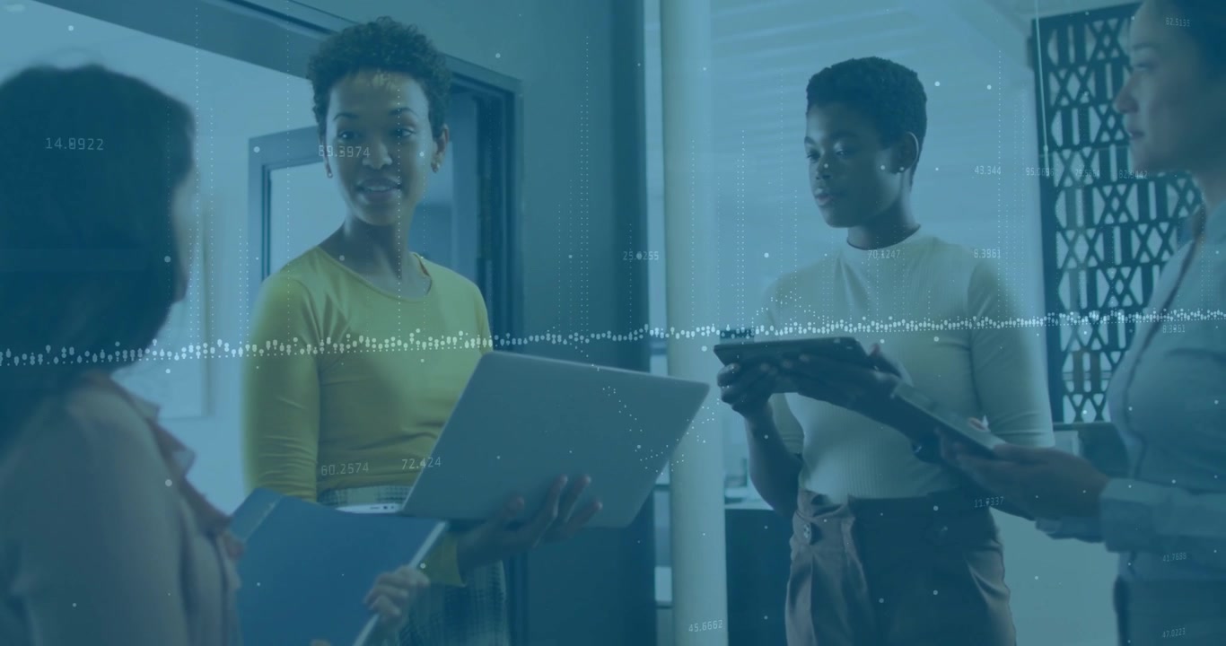 Speaker raising laptop, outlining key points in business meeting with audio waveform overlay moving