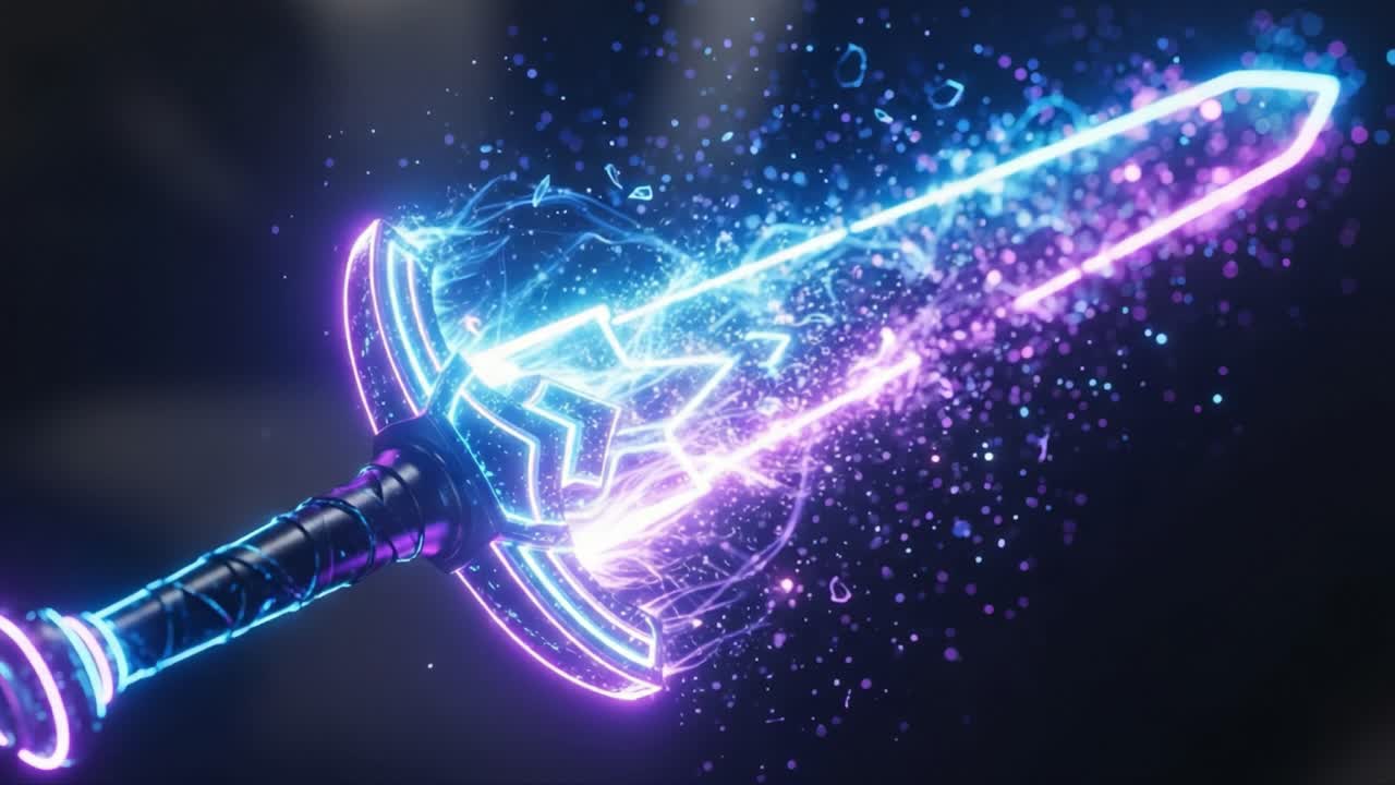 A Glowing Sword Radiating Energy and Light in Vibrant Colors, Showcasing Intricate Details with Electric Sparks Enhancing Its Enchantment and Power