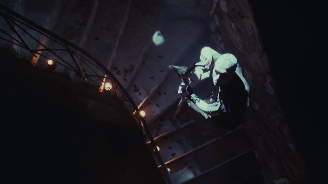 A Monk Ascends a Spiral Staircase in a Dark, Mysterious Building