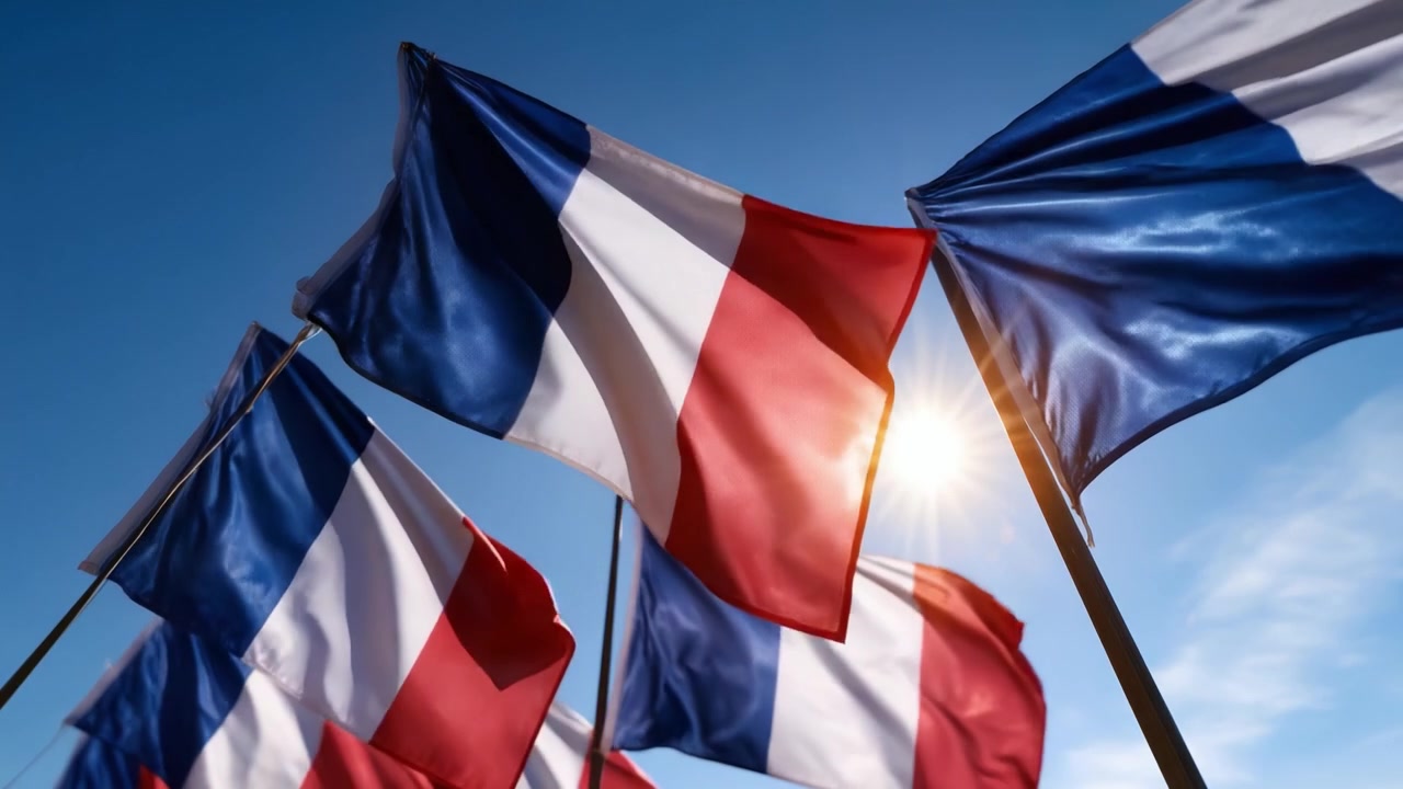 A Captivating Display of French Flags Waving Majestically Against the Bright Blue Sky, Highlighting National Pride and Symbolism in a Beautiful Afternoon Setting