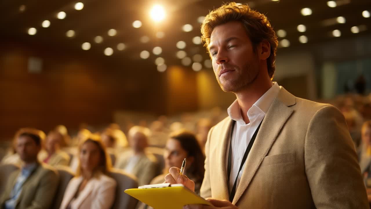Partecipante attento che prende appunti durante una presentazione in una moderna sala conferenze, catturando spunti preziosi a un evento professionale tra un pubblico di ascoltatori partecipanti