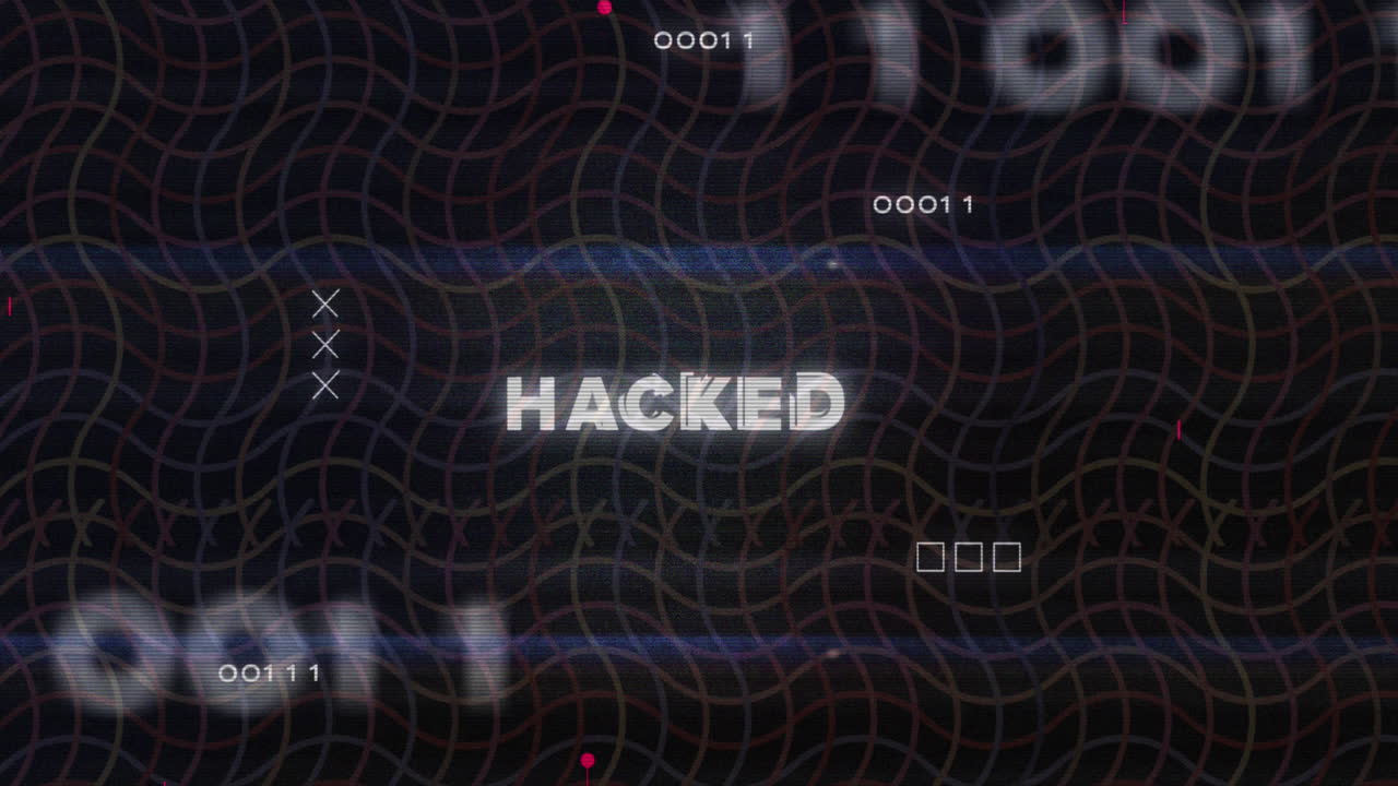 Animation of hacked text over grid pattern, binary codes and circuit board pattern