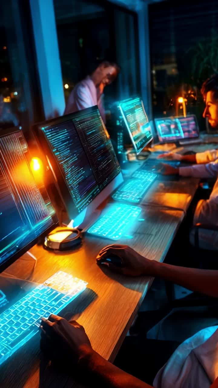 Focused Programmers Working Late at Night in a Modern Office, Surrounded by Multiple Monitors and Ambient Lighting Creating a Tech-Savvy Atmosphere