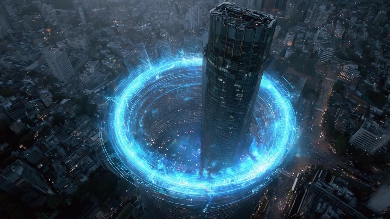 A Futuristic Skyline View Featuring a Tower Surrounded by a Glowing Blue Energy Ring; An Awe-Inspiring Visualization of Urban Architecture Blending with Advanced Technology in a Stunning Cityscape