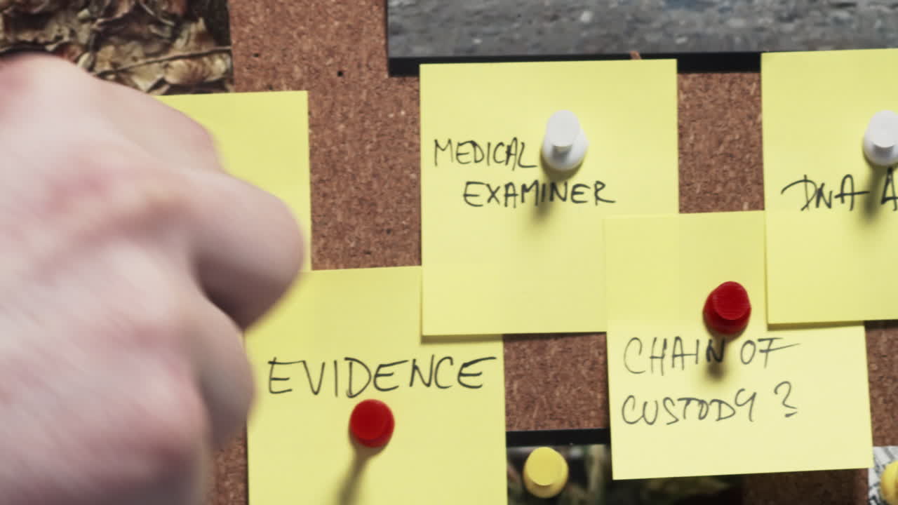 Detective's hand wraps red string around pins holding notes on criminal progress on case