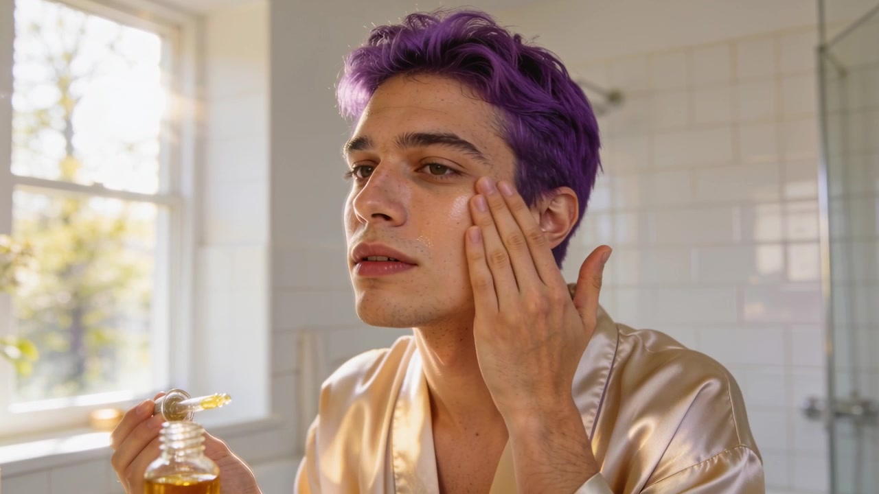 Un hombre de pelo morado con bata de satén dosifica aceite con un gotero y aplica aceite facial en el tocador para la piel.