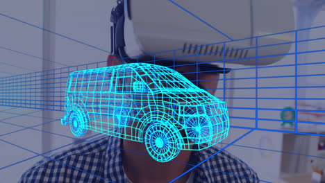 animación de dibujo 3d digital de un coche sobre un hombre usando auriculares vr