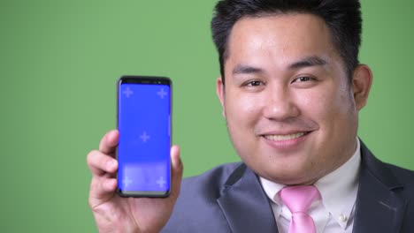 초록색 배경에 젊은 잘생긴 과체중 아시아 사업가
