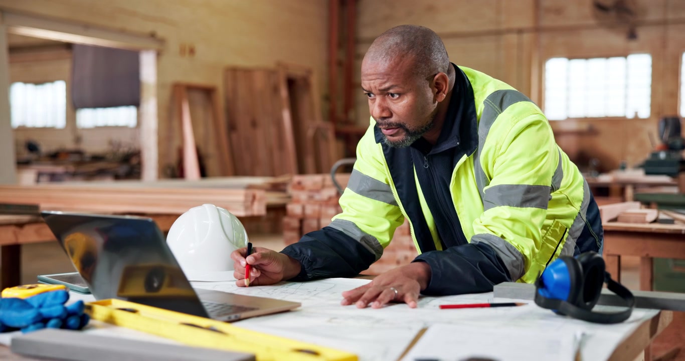 Architect Reviewing Blueprints on Laptop in Woodworking Workshop